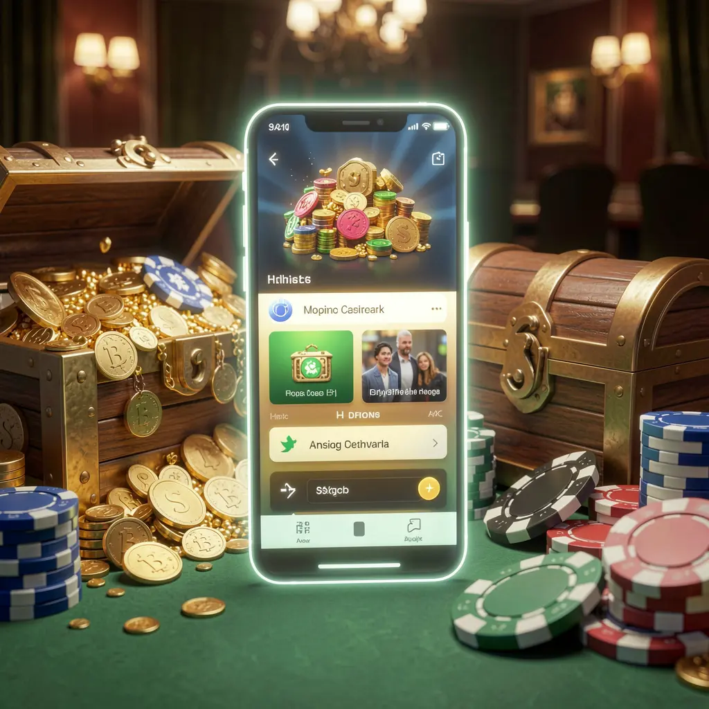 Glowing smartphone displaying RUN777 Casino APK with Android-style app layout, surrounded by treasure chest, chips, and coins in a luxury 3D render