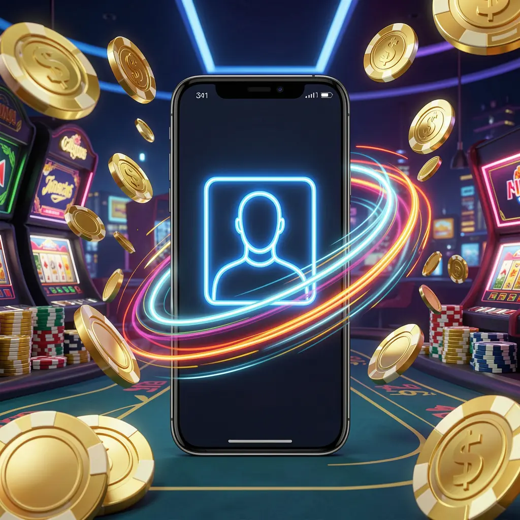 RUN777 fast casino login banner featuring a smartphone with a bright user icon, speed light trails, and golden coins and chips flying around in a modern neon casino style with high detail 3D render