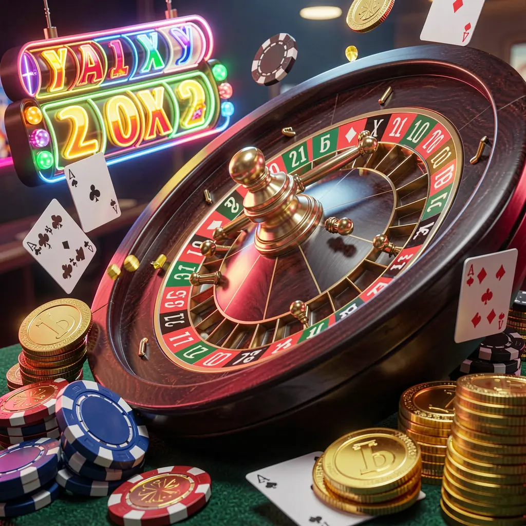 RUN777 casino homepage visual featuring a realistic 3D render of a roulette wheel, poker chips, playing cards, golden coins, and bright neon jackpot lights in a dynamic composition